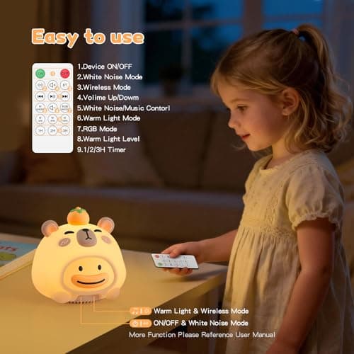 Baby Sound Machine, 20 Soothing Sounds White Nosie for Sleeping, Rechargeable Night Light with Speaker, 3 Brightness Levels Remote and Tap Control, Nursey Lamp for Baby, Kids Bed Room (Capybala) - Thumbnail 6