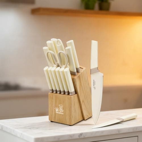 CHUSHIJI 15-Piece Kitchen Knife Set with Block, Premium High Carbon Stainless Steel, 8-Inch Chef Knife & 6 Steak Knives, Sharp Dishwasher Safe Durable Cutlery for Home Cooking, White - Thumbnail 2