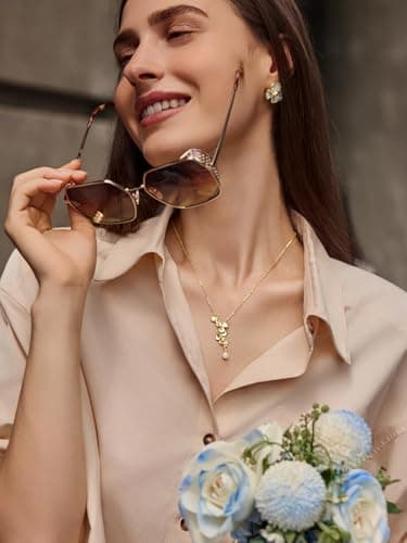 Cicy Bell Floral Pendant Necklace for Women Trendy 18k Gold Plated Shell Pearl Cubic Zirconia Dainty Long Y Necklace Jewelry Gifts - Thumbnail 5