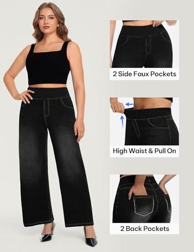 AVAMO Plus Size Jeans for Women Stretchy Wide Leg Pull On Sweatpant Jeans for Curvy Women High Waisted Baggy Denim Pants Black - Thumbnail 5
