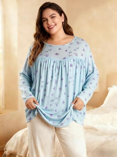 JULYCLO Plus Size Womens Tops Casual Tunic Pleated Blouses Long Sleeve Crew Neck Loose Fit Fall Fashion Shirts 1X-5X - Thumbnail 2
