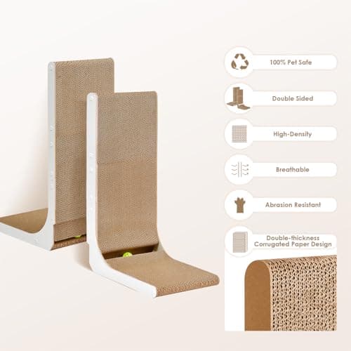 EHEYCIGA Cardboard Cat Scratcher for Indoor Cats, 32 Inch L Shaped Vertical Cat Scratching Board with Ball Cat Toy, Extra Large Cat Scratcher Pad, White - Thumbnail 2