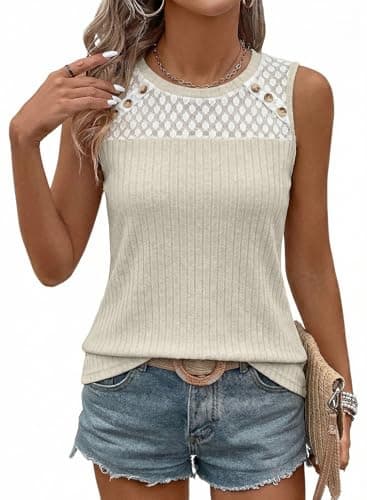 BLENCOT Womens Sleeveless Tank Top Casual Crewneck Spring Camisole Blouse Fashion Summer Lace Boho Buttons Vest Cami Shirts Khaki S - Image 1
