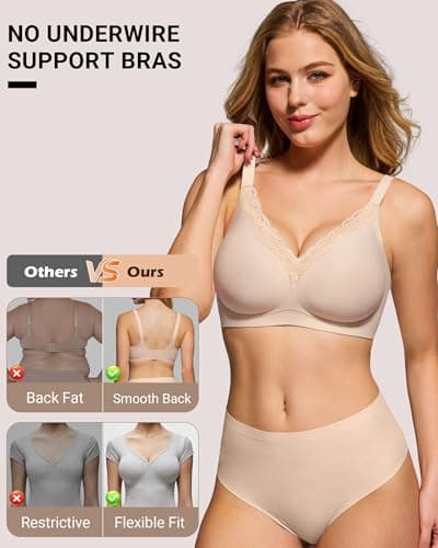 HORISUN Jelly Bras for Women No Underwire V Neck Push Up Wireless Bralettes Seamless Soft Comfort Everyday Tshirt Bra (Beige 34A) - Thumbnail 5