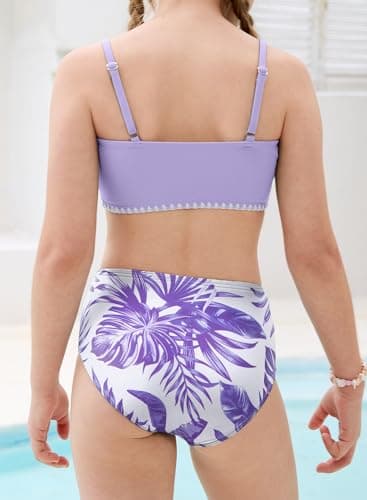 blibean Tween Girls Swimsuit Teen Two Piece Bathing Suit Big Kids Hawaii Bikini Sets Junior High Waist Swimwear Floral Boho Swimming Suits Beach Traje Baño Niñas Size 10-11 Year Old Lavender - Thumbnail 3