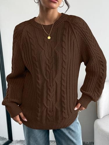 Trendy Queen Women Oversized Sweaters 2026 Fall Fashion Outfits Cable Knit Cozy Crewneck Cotton Pullover Cute Chunky Long Tunic Ladies Top Old Money Clothes Winter Clothing Brown M - Thumbnail 3