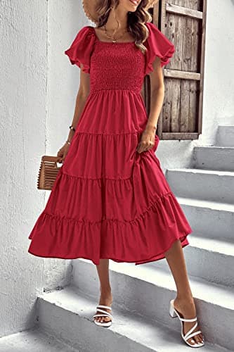 PRETTYGARDEN Women's Casual Summer Midi Dress Puffy Short Sleeve Square Neck Smocked Tiered Ruffle Dresses (Red,Large) - Thumbnail 6