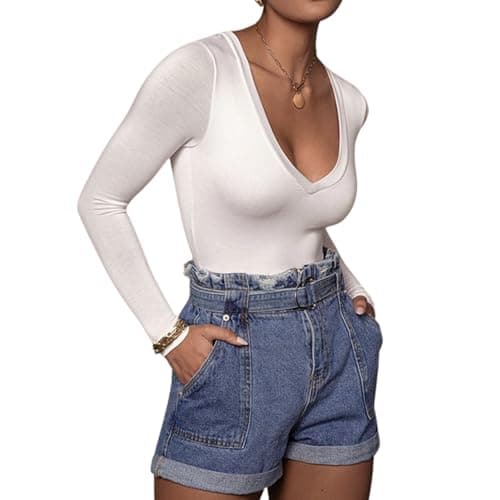 Bolsamila Women's Long Sleeve V-Neck Bodysuit Sexy Thong Bodysuit Shirts Slim Fit Going Out Tops (White, M) - Thumbnail 4