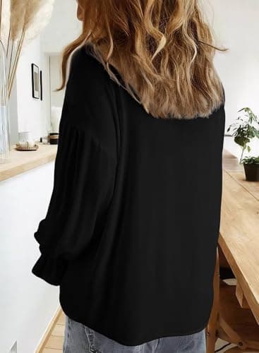 Astylish Women's Dressy Casual Blouses Business Work Linen Tunic Spring Summer Tops Beach Cute Long Lantern Sleeve V Neck Button-Down Henley Shirts Black Small - Thumbnail 4