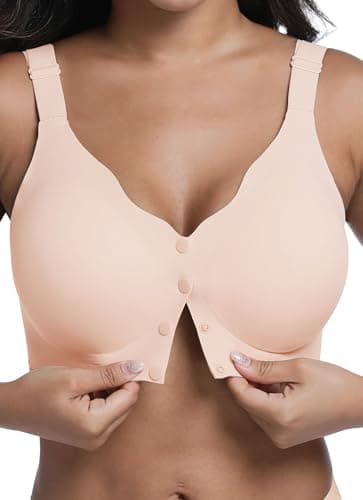 HiMONE Front Closure Bras for Women No Underwire Wireless Push Up Bra Full Coverage Comfort Lift Smoothing Everyday Bras Plus Size（Beige-3XL）