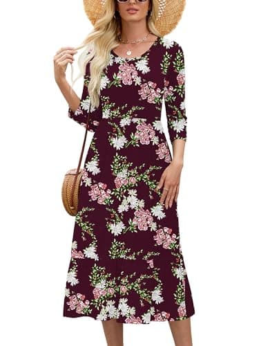 Heymoments Women Dress Crewneck 3/4 Sleeves Burgundy Myrtle Medium Wedding Guest A line Casual Flowy Swing Party Vintage Spring Fall Winter Beach Travel 2026 Long Midi Dresses with Pockets - Image 1