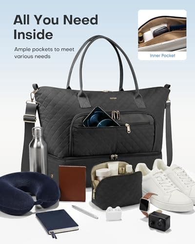 HOTOR Travel Duffle Bag for Women - Carry on Bag with Toiletry Pouch & Shoe Compartment, Large Overnight Weekender Bags for Gym, Business Trips, Sports and Hospital, Black, 17.3" x 7.9" x 13.4" - Thumbnail 5