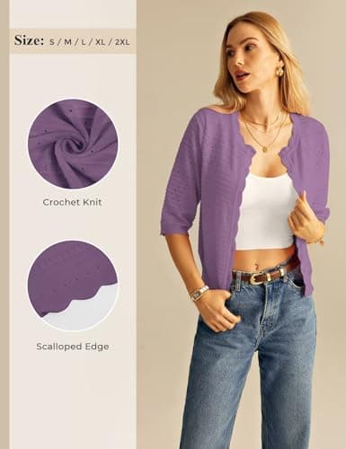 GRACE KARIN Womens Short Sleeve Cardigan Sweater, Lightweight Cotton Cardigan Trendy, Open Front Bolero Shrugs Purple - Thumbnail 5
