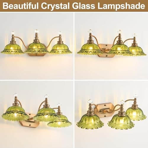 PUAMUBUA Vintage Bathroom Vanity Light Fixtures, 3-Light Brass Light Fixtures Over Mirror with Green Crystal Glass Flower Shade, Mid Century Farmhouse Wall Mount Lighting for Living Room, Kitchen - Thumbnail 4