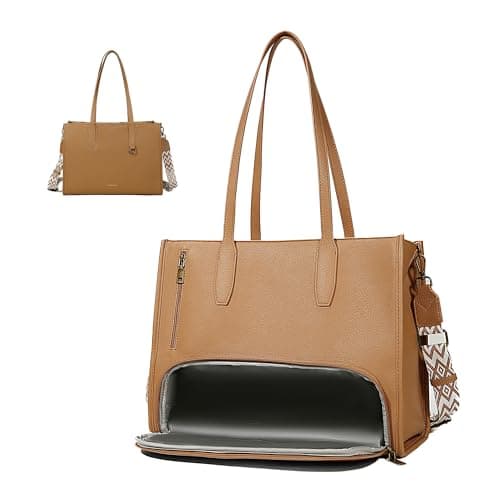buyborgood Women’s Large leather Work Tote Bag with 14" Laptop Compartment Insulated Lunch Box, Light Brown
