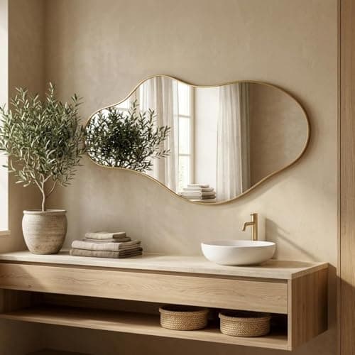 potijo Irregular Wall Mirror 22"x40" Gold Abstract Asymmetrical Mirrors for Wall, Decorative Wavy Mirror for Entryway, Bedroom, Cloakroom, Living Room, Aluminum Alloy Frame