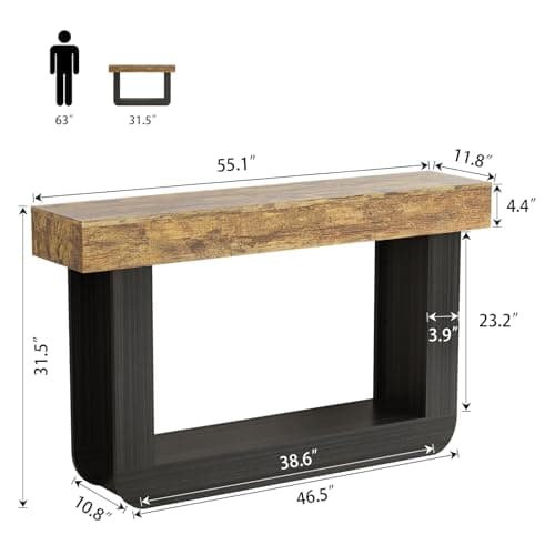 Tarnorci 55'' U-Shape Narrow Console Table, Farmhouse Wood Behind Couch Table with Bottom Storage Shelf, Vintage Entryway Table for Living Room Hallway Entrance - Thumbnail 2