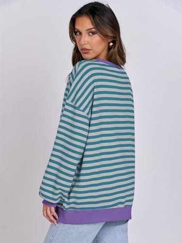 ANRABESS Women’s Striped Oversized Sweatshirts Crew Neck Long Sleeve Shirts Soft Color Block Pullover Top Fashion Clothing Green Grey Large - Thumbnail 5
