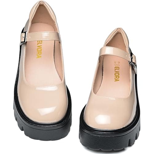 Elvora Women's Mary Jane Shoes - Platform Mary Janes for Women, Nude Leather Round Toe Chunky Dress Shoes with Adjustable Ankle Strap - Thumbnail 6