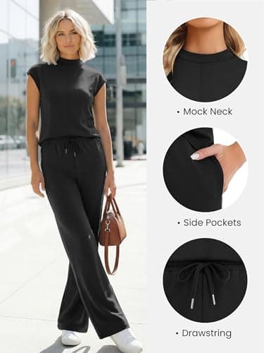 Casly Lamiit 2 Piece Sets for Women Fashion 2026 Lounge Vacation Travel Outfits Summer Cap Short Sleeve Airport Matching Pant Sets Black M - Thumbnail 2