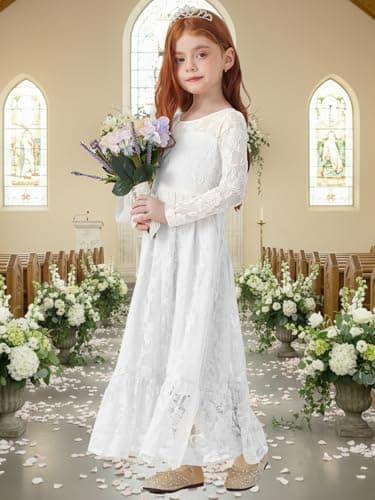 ALLOVIN Toddler & Girls Long Sleeve Lace Flower Girl Dress Maxi Boho A-Line Dress for Wedding Baptism 1st Communion | White | 11-12Y - Thumbnail 2