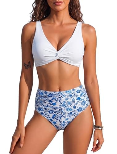HORISUN High Waisted Tummy Control Bikini Set Twist Front V Neck Ruched Tie Back 2 Piece Swimsuit Adjustable Straps Blue Floral L - Image 1