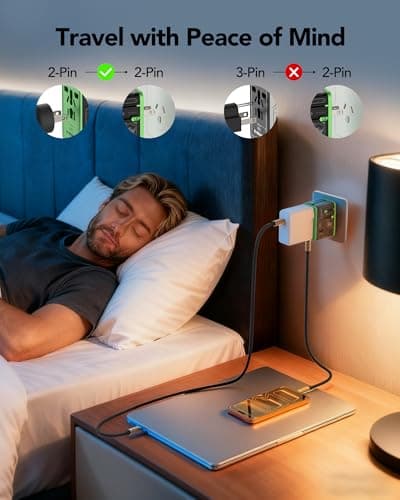 Mfish Universal Travel Adapter with Retractable USB-C Cable, 75w 5-Port International Plug Adapter, 1 USB-A, 3 Type-C, Worldwide Wall Charger for EU/UK/AUS/CN Compatible With Over 200 Countries, Black - Thumbnail 6