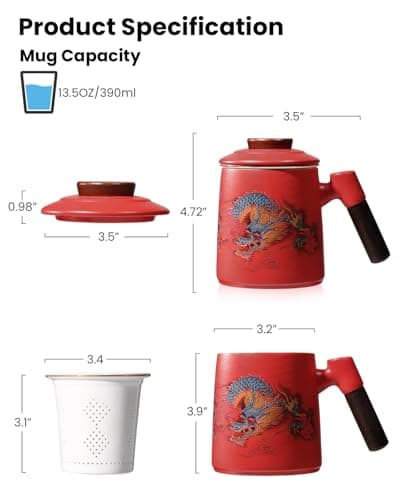 Foinly Ceramic Tea Cup with Infuser and Lid, 13.5 oz Tea Mug for Loose Leaf Tea,Wood Handle,Chinese Dragon Design,All Porcelain Strainer,BPA-Free, Perfect for Tea Lovers/Birthday/Mother's Day (Red） - Thumbnail 3