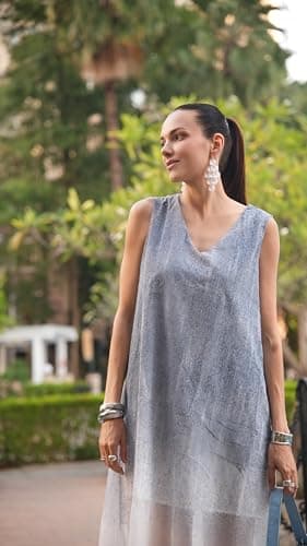 J.Corrine Women V-Neck Sleeveless Denim Flocked Chiffon Dress Gradient Blue Black White Tank Casual Midi Spring Summer Dress - Thumbnail 5