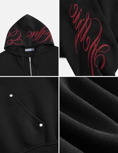 Aelfric Eden Boxy Embroidery Sweat Set for Women Men Oversized 2 Piece Lounge Matching Set Zip Up Hoodie Casual Streetwear Black Medium - Thumbnail 5