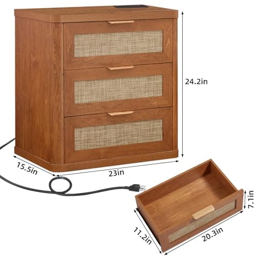 LEYAOYAO Rattan Night Stand with Charger Station, 23" Large 3 Drawer Boho Nightstand, Tea Brown Bedside Table Storage Cabinet, Bed Side End Tables for Bedroom, Living Room, Hallway - Thumbnail 2