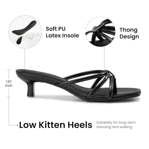 Athlefit Black Kitten Heels for Women Square Toe Summer Low Heels Slip On Flip Flop Strappy Heeled Thong Sandals Size 9 - Thumbnail 4