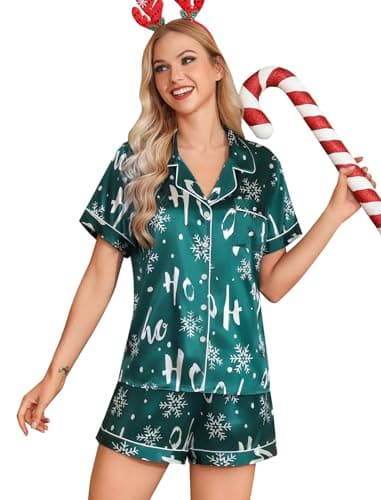 Leikar Womens Christmas Pajamas Button Down Pjs Green Silk Shorts Set Holiday Pajamas M - Image 1