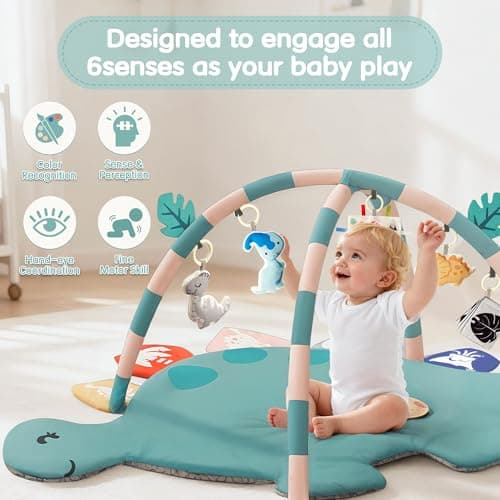 Baby Tummy Time Mat, Oversize Dinosaur Shaped Baby Play Gym Mat with 6 Toys, Play Mat for Babies 0-6-12 Months Promotes Motor Skills & Sensory Development, Newborn Essentials Infant Shower Gift - Thumbnail 3