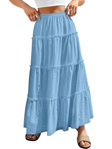 ANRABESS Womens Maxi Skirt 2026 Summer Beach Vacation Eyelet Boho Long Flowy Skirts Spring Trendy Swing Tiered A-Line Dress Light Blue Small - Image 1
