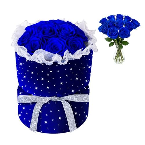 Vryblos Forever Blue Roses Bouquet Preserved Flowers with Lights for Delivery, 100% Real Immortal Eternal Flower with Rhinestones in Velvet Box,Birthday for Her Mom Women Wife Girlfriend - Image 1