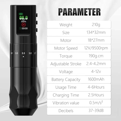 Tattoo Gun Kit Wireless Tattoo Kit Complete for Beginner, Urex G2 Tattoo Machine Kit Professional, 7 Adjustable Stroke Tattoo Pen, Dual 1600 mAh Machine Gun Battery, 20pcs Mixed Cartridge Needles - Thumbnail 2