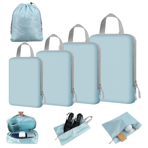 NBERMOTION 4/8 Set Compression Packing Cubes for Travel Essentials, Compressible Expandable Luggage Organizer Bags for Clothes, Durable Space Saver Storage Bags for Suitcase(8set-Mint Green)