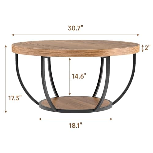 TEROL Round Coffee Table, 31" Coffee Table for Living Room Decor, 2-Tier Storage with Steel Frame, Space-Saving Wood Center Table, Modern Style Easy Assembly (Brown) - Thumbnail 2