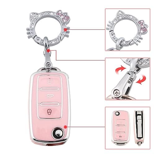 Pangpai Pink Key Fob Cover for VW Volkswagen,Soft TPU Key Case Protection with Bling Keychain Fit for Jetta Golf Polo MK6 Passat Tiguan Beetle - Thumbnail 4