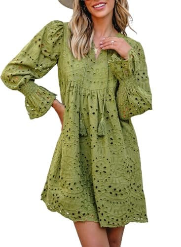Dokotoo Sun Dresses for Women Casual Tassel V Neck Sexy Dresses 2026 Fashion Hollow-Out Vacation Dress Long Sleeve High Waist A Line Green Boho Dress Large - Image 1
