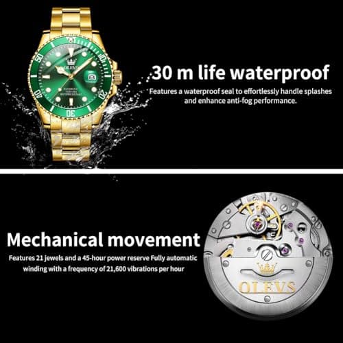 OLEVS Watch Men Gold Green Face Luxury Automatic Self Winding Analog Waterproof Wrist Watches for Men Casual Mechanical Luminous Stainless Steel Dress Mens Watches - Thumbnail 5