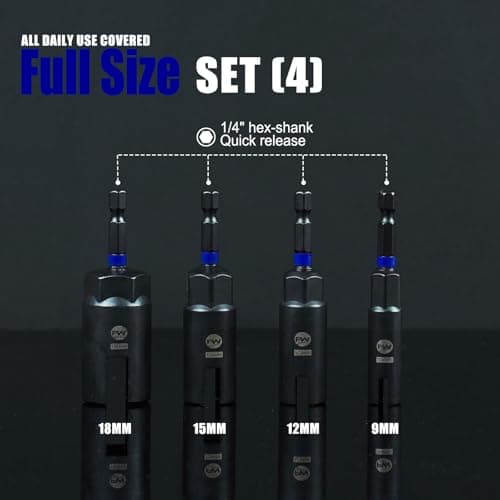 Facoow Wing Nut Driver Set 4PCS, Power Wing Nut Driver Bit 9mm, 12mm, 15mm, 18mm,1/4" Hex Shank Wing Nut Socket for Wing Nuts, CR-V Steel Wing Nut Setters for Eye Bolt, Hook Bolt, Wire Twisting - Thumbnail 2
