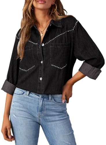 Dokotoo Denim Shirt Women Casual Chambray Jean Western Shirts Country Concert Outfits V Neck Long Sleeve Button Down Shirts for Women Rhinestone Top Loose Fit Denim Tops Lightweight Shacket Black S - Image 1