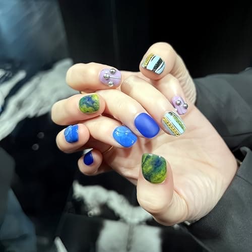 Fine Point Handmade Press-On Nails Set, Short Squoval, Funky Cobalt Blue Aura Green Swirl, 3D Stud Accent, Designer Artistic Novelty Fashion, Pop-Star Showgirl, Cosmic Coquette (Size Small) - Thumbnail 3