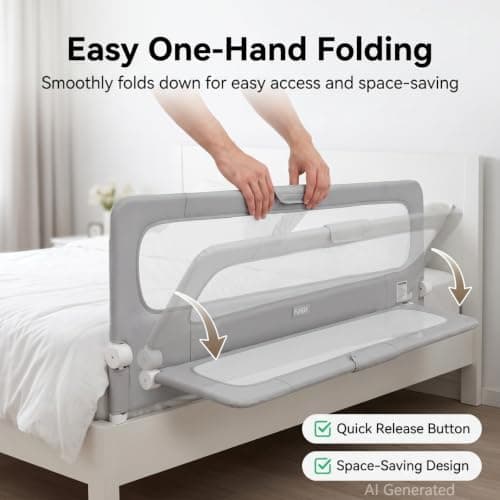 FUNEEK Bed Rail for Toddler, One-Button Swing Down Crib Rail, Bed Guard Rail for Bunk, Daybed, King, Twin, Full, Queen Size Beds, No Tool Easy Assembly (59''L) - Thumbnail 3