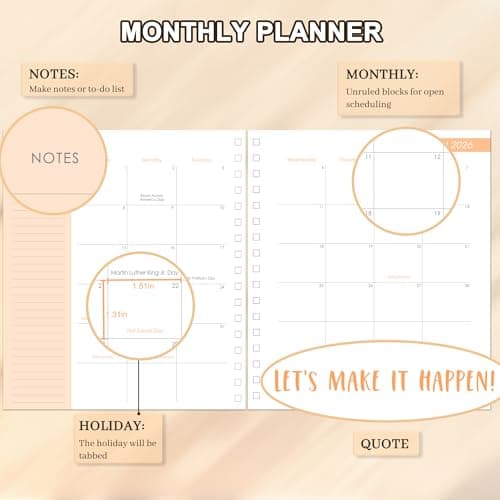CAGIE 2026 Planner Weekly and Monthly from Dec 2025 to Dec 2026 Hardcover Spiral Bound Calendar Yearly Agenda Planners for Women with Stickers, 8.3 x 9.1, Yellow Sunflower - Thumbnail 2