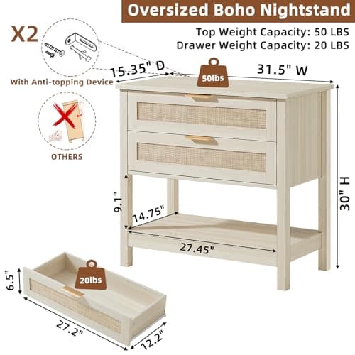 LEYAOYAO 31.5" Wide Rattan Night Stand, Oversized Large Boho Nightstand with 2 Drawer, Grey White Bed Side End Tables with Storage Shelf, Tall Bedside Table for Bedroom Living Room, Hallway - Thumbnail 2