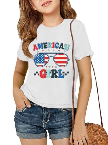 Humordream Girls 4th of July Short Sleeve T Shirts Kids Graphic Tees Crewneck Cute Casual Summer Tops Tees 5-14 Years White - Image 1