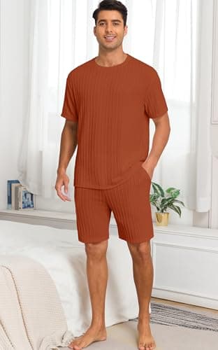PrinStory Mens Pajamas Set Summer Pjs Sets Lightweight Short Sleeve Pajama Shorts Set Soft Sleepwear Loungewear with Pockets Caramel-XL - Thumbnail 3